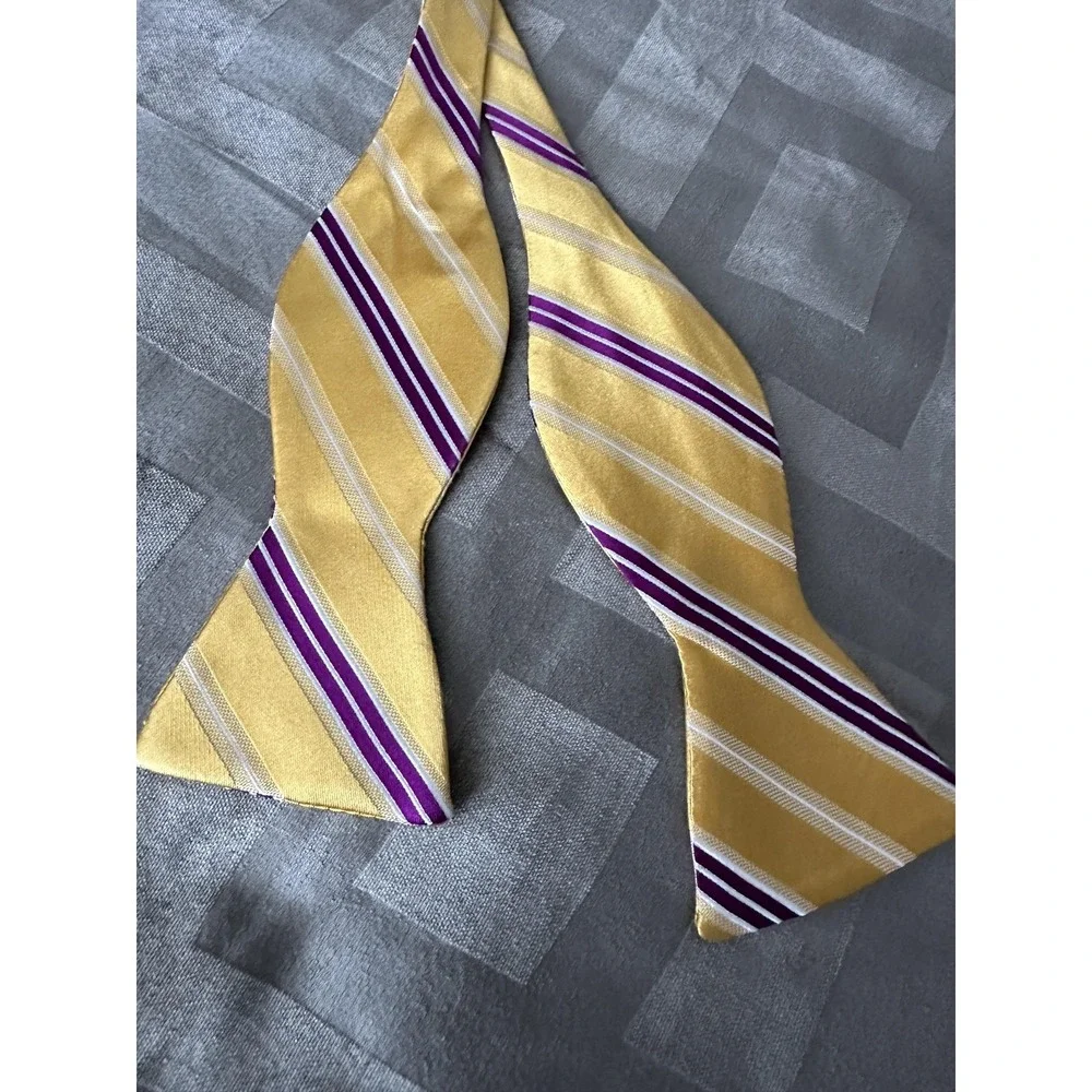 Bruno Piattelli Roma Bow Tie Mens Adjustable Yellow Purple Striped Silk Self Tie